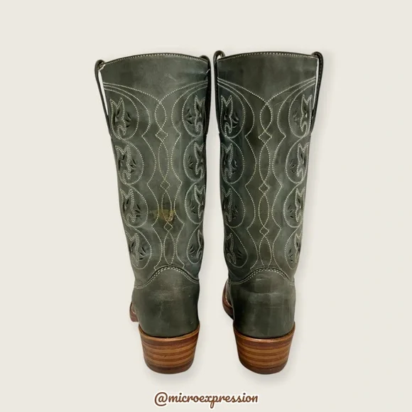 VINTAGE 1980 Frye Austin Campus Green-Blue Leather Floral Embroider Cowboy Boot - Picture 10 of 16